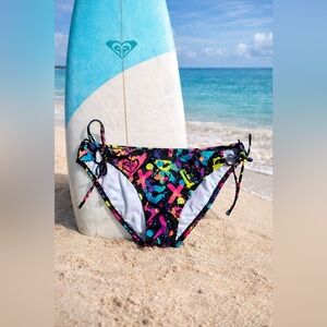 Roxy Tie-Side Bikini Bottoms with Neon Stripe Detail - Black, Pink, Teal, Orange
